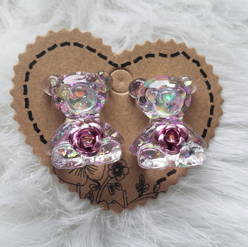 Handmade Shimmer Bear with Rose Stud Earrings